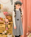 子供服 女の子 千鳥柄 リボンつき タックワンピース ホワイト×ブラック(10) モデル画像1