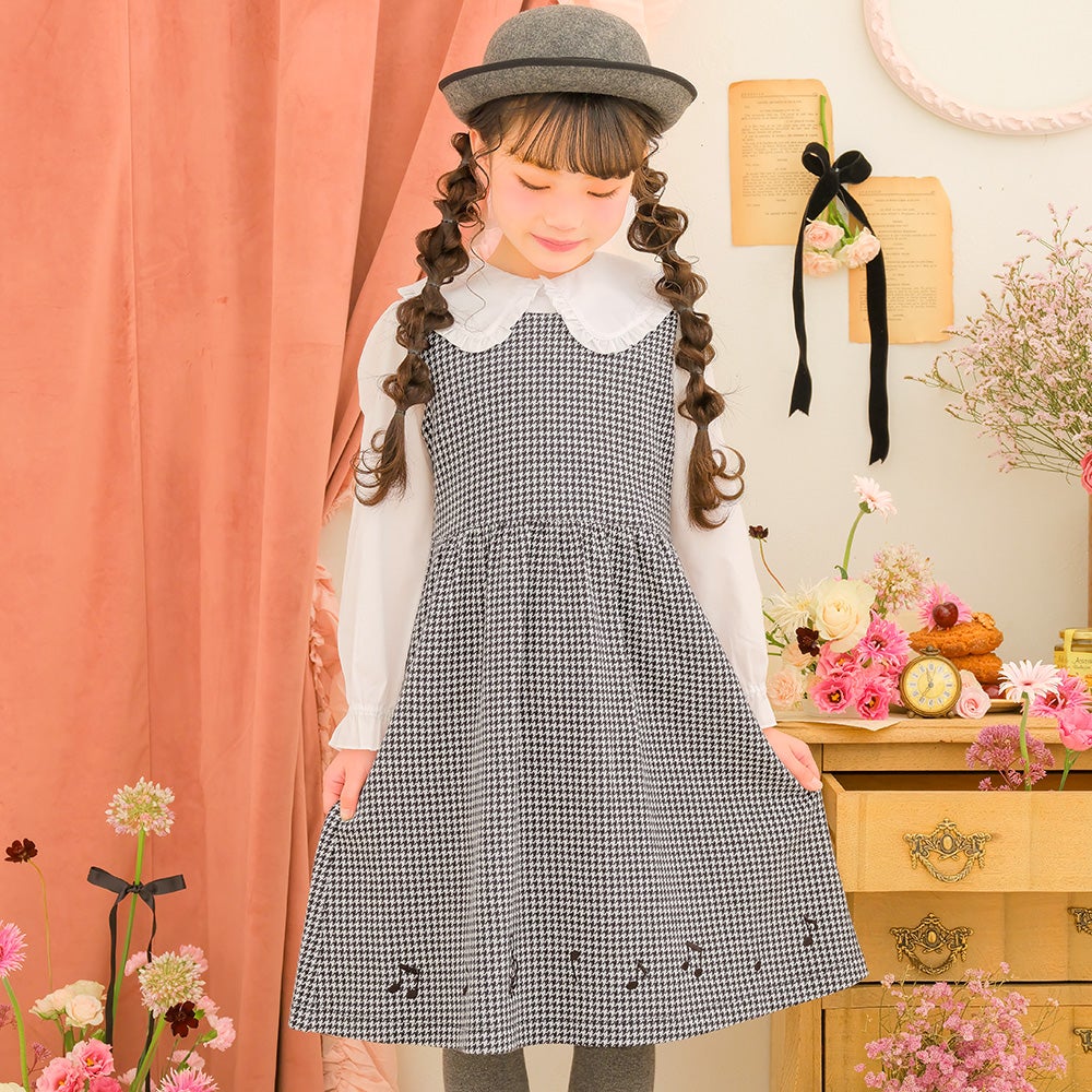 子供服 女の子 千鳥柄 音符刺繍 ギャザーワンピース