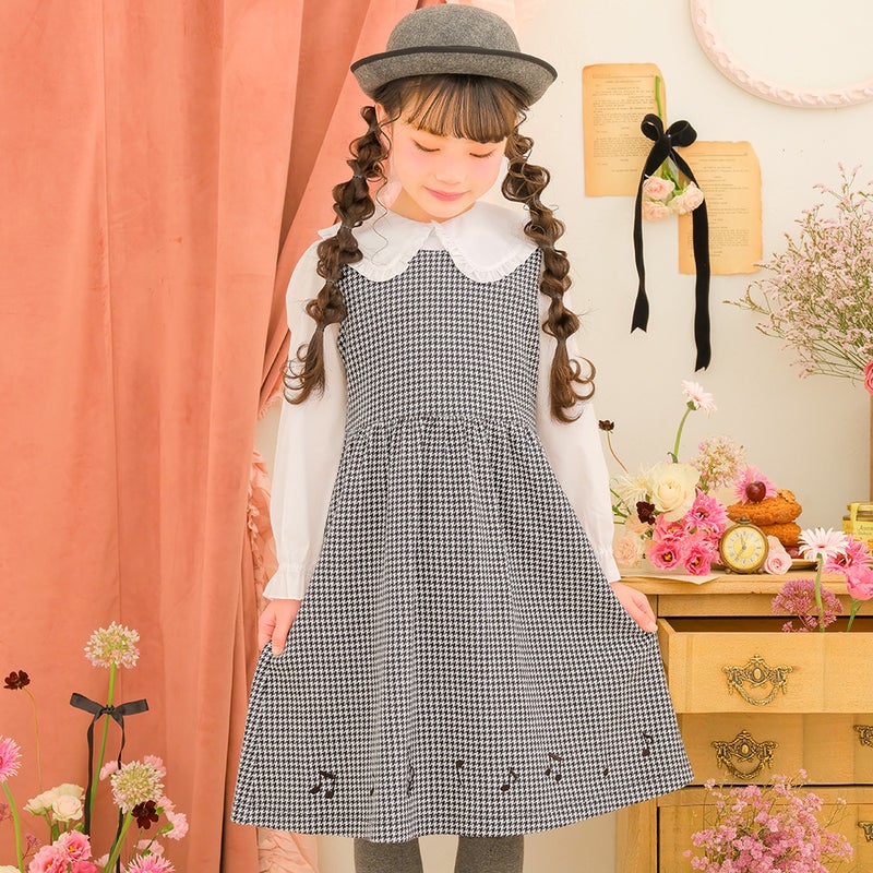 子供服 女の子 千鳥柄 音符刺繍 ギャザーワンピース