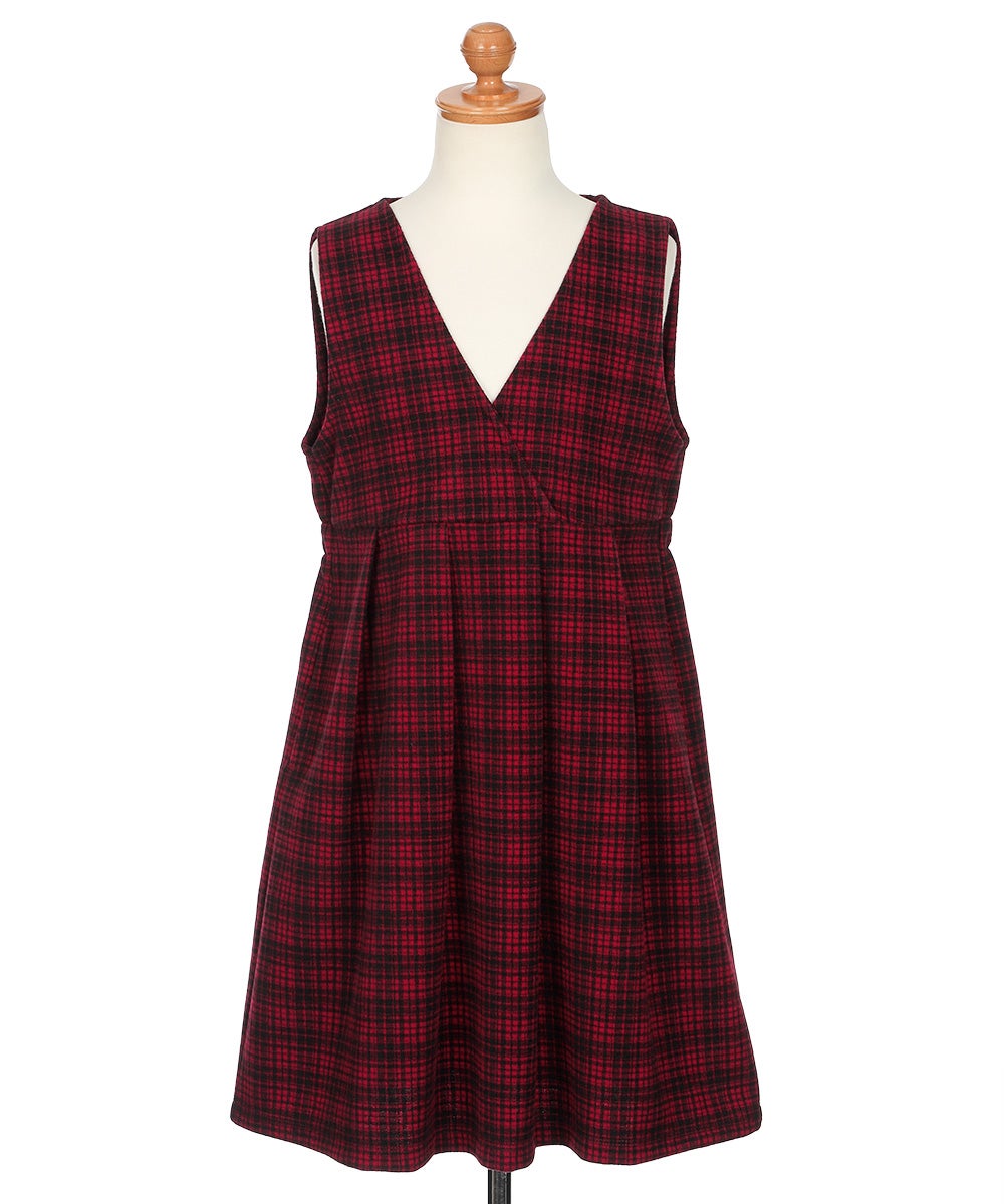 ベビー服 女の子 チェック柄 カシュクール ギャザーワンピース レッド(03) トルソー正面