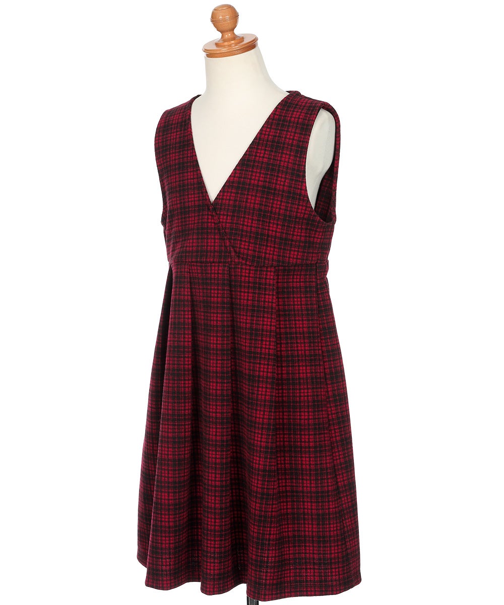 ベビー服 女の子 チェック柄 カシュクール ギャザーワンピース レッド(03) トルソー斜め