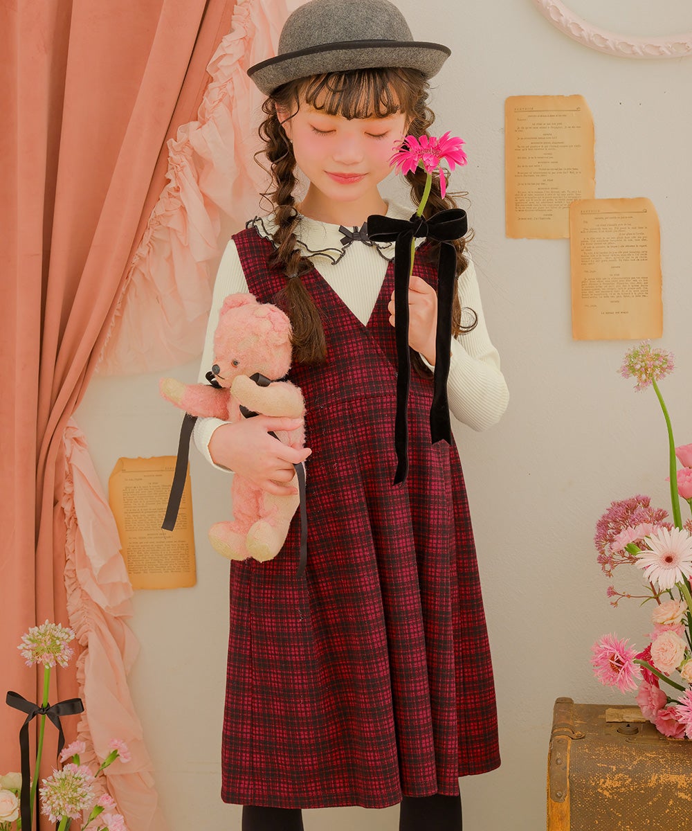 ベビー服 女の子 チェック柄 カシュクール ギャザーワンピース レッド(03) モデル画像アップ