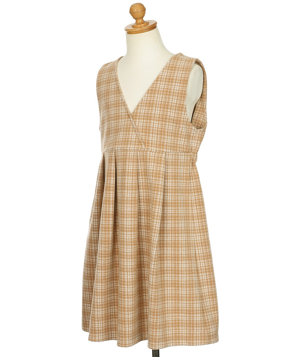 ベビー服 女の子 チェック柄 カシュクール ギャザーワンピース ベージュ(51) トルソー斜め