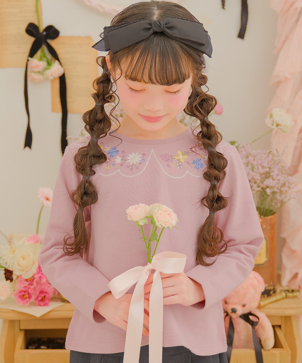 ベビー服 女の子 お花 花柄 刺繍 バックリボンつき 裏毛トレーナー ピンク(02) モデル画像アップ